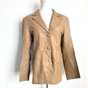 Vintage 90s Tan Leather Blazer Jacket | Minimalist Neutral Real Leather Coat L